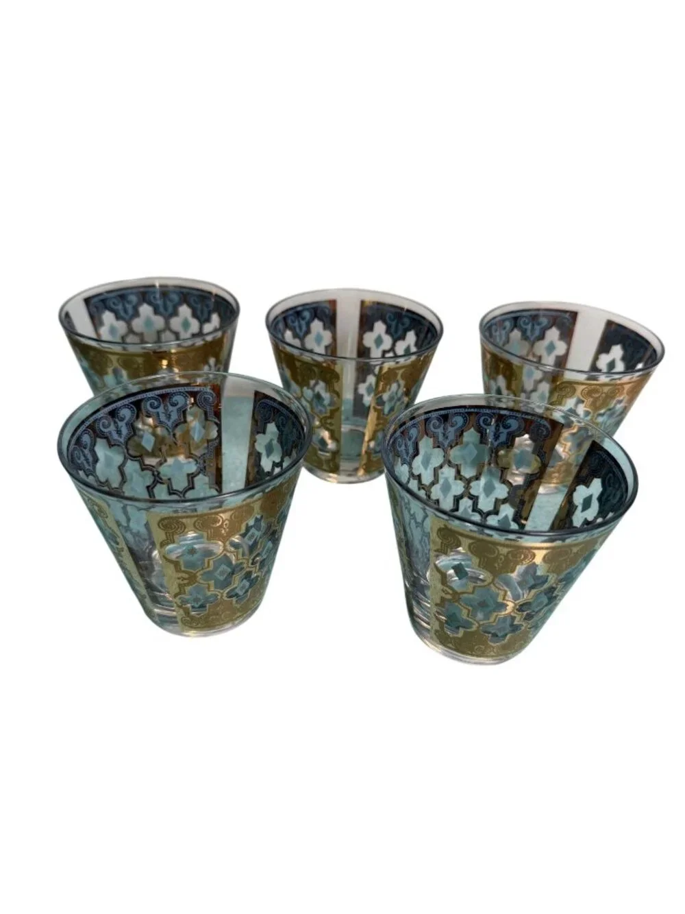 Culver Set of 5 MCM Seville 22K Gold Lattice Cocktail Glass Blue Vintage Rare